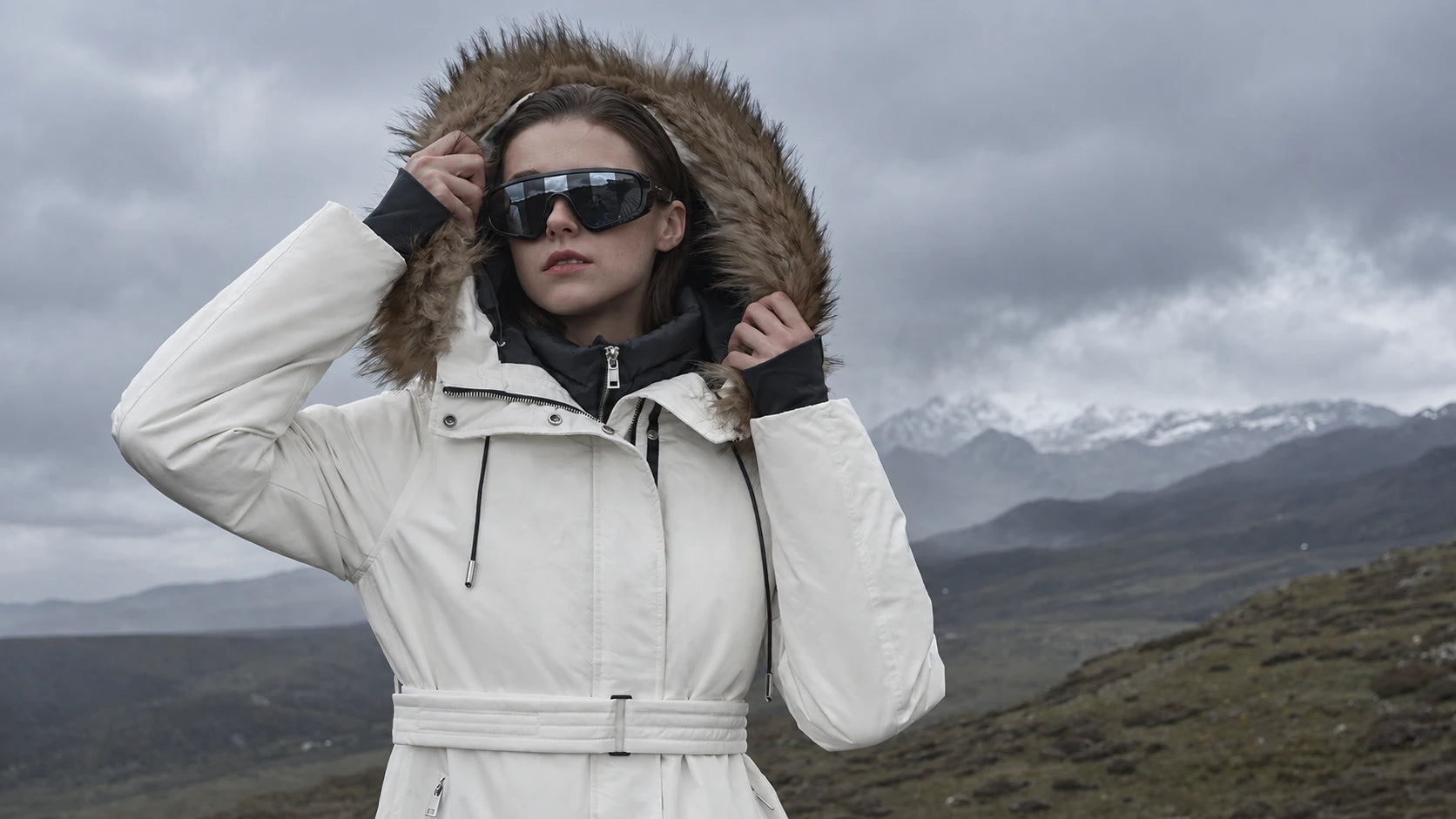 A white belted parka with a fur-trimmed hood in a mountain setting.